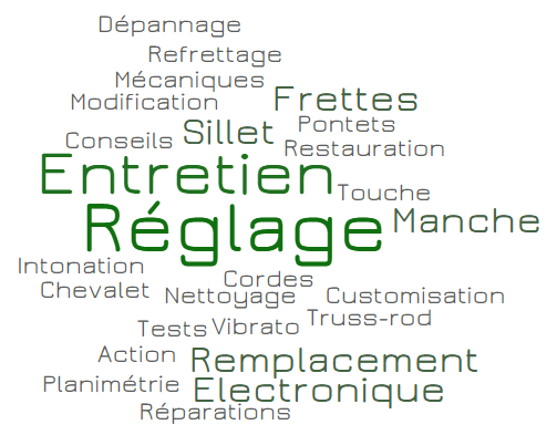 Réparation, réglage, entretien pour guitares, basses, électriques ou acoustiques